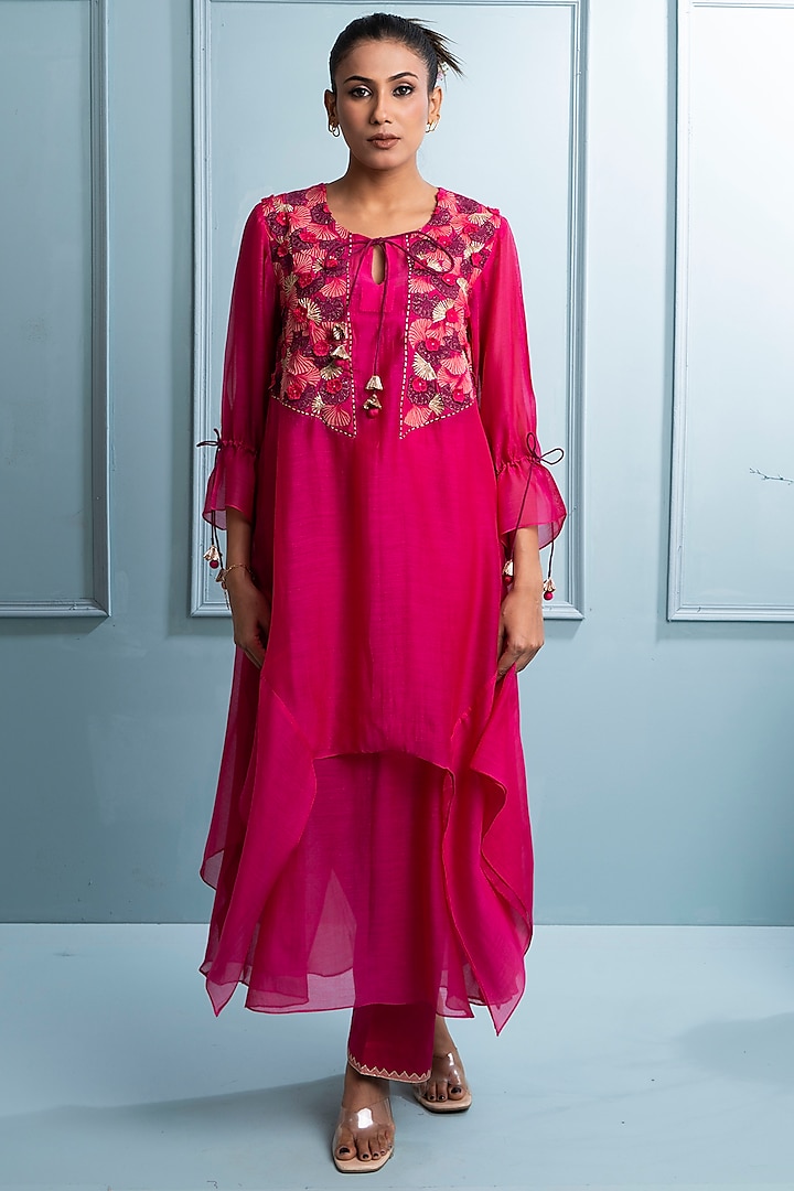 Fuchsia Pink Mul Chanderi Machine Embroidered Asymmetric Layered Kurta Set by The White Tree Studio at Pernia's Pop Up Shop