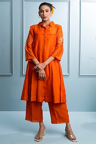 Orange Mul Chanderi Embroidered Co-Ord Set by The White Tree Studio