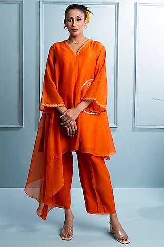 Orange Soft Chanderi Embroidered Co-Ord Set by The White Tree Studio