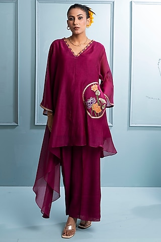 Burgundy Soft Chanderi Embroidered Co-Ord Set by The White Tree Studio