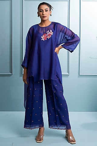 Purple Mul Chanderi Applique Embroidered Co-Ord Set by The White Tree Studio
