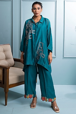 Teal Blue Soft Chanderi Embroidered Co-Ord Set by The White Tree Studio