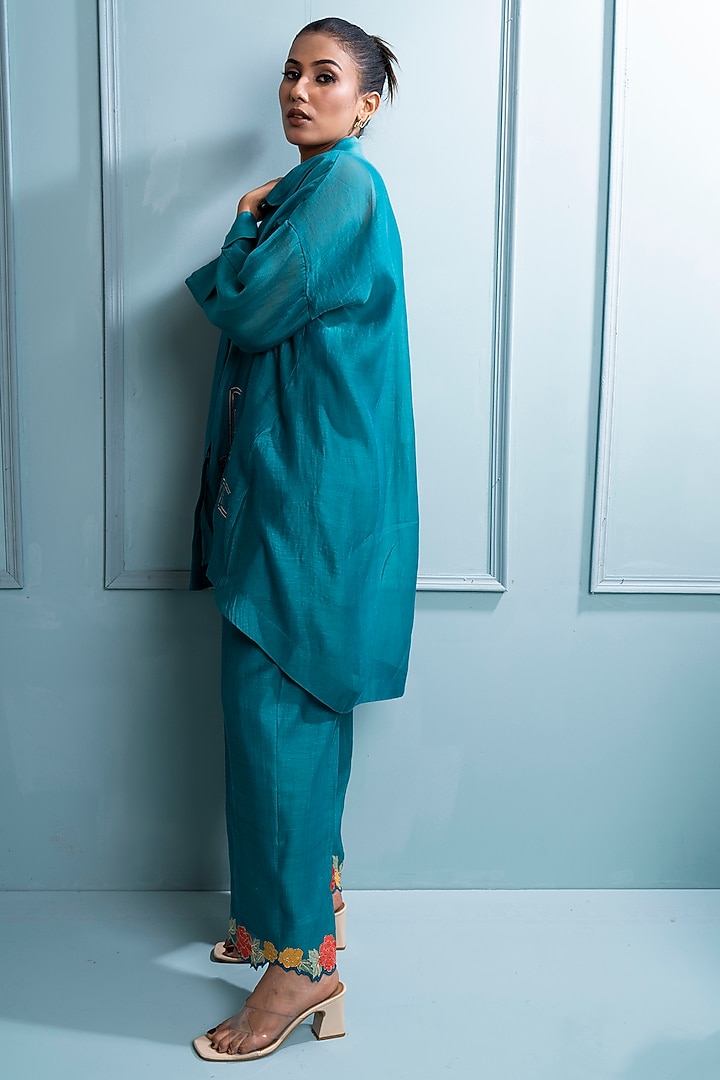 Teal Blue Soft Chanderi Embroidered Co-Ord Set by The White Tree Studio at Pernia's Pop Up Shop