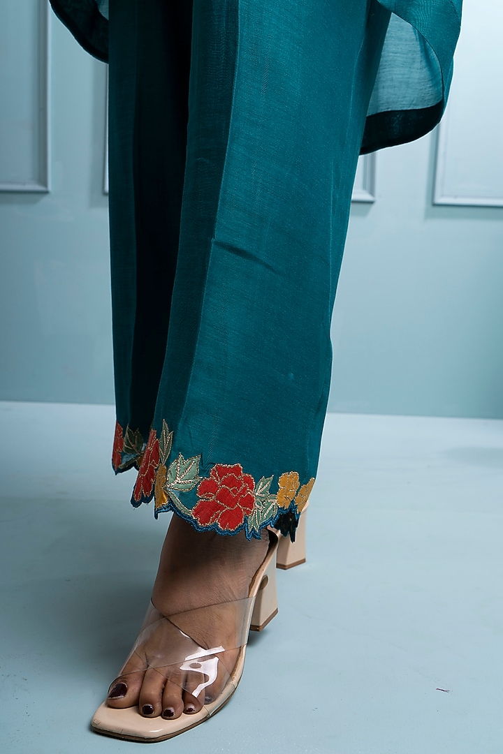 Teal Blue Soft Chanderi Embroidered Co-Ord Set by The White Tree Studio at Pernia's Pop Up Shop