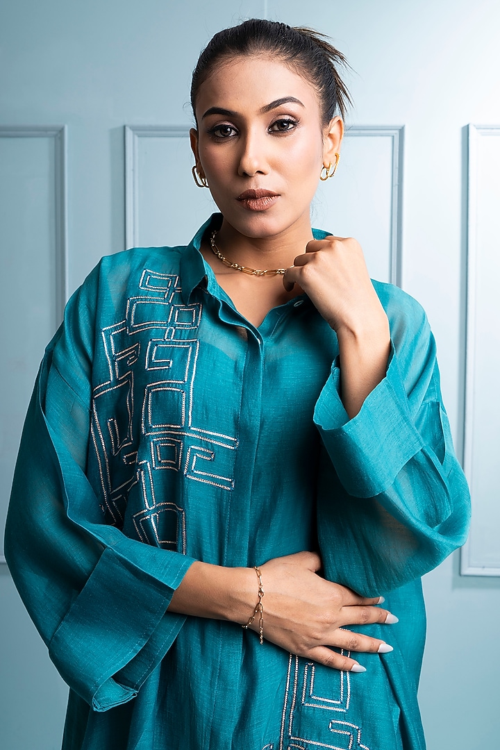 Teal Blue Soft Chanderi Embroidered Co-Ord Set by The White Tree Studio at Pernia's Pop Up Shop