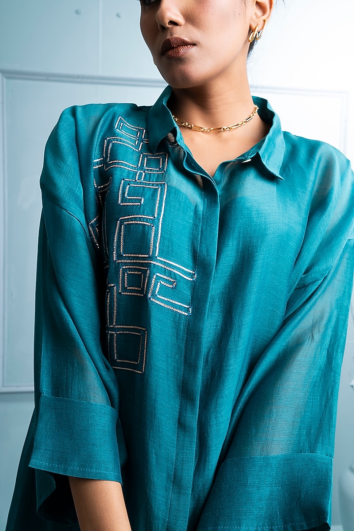 Teal Blue Soft Chanderi Embroidered Co-Ord Set by The White Tree Studio at Pernia's Pop Up Shop