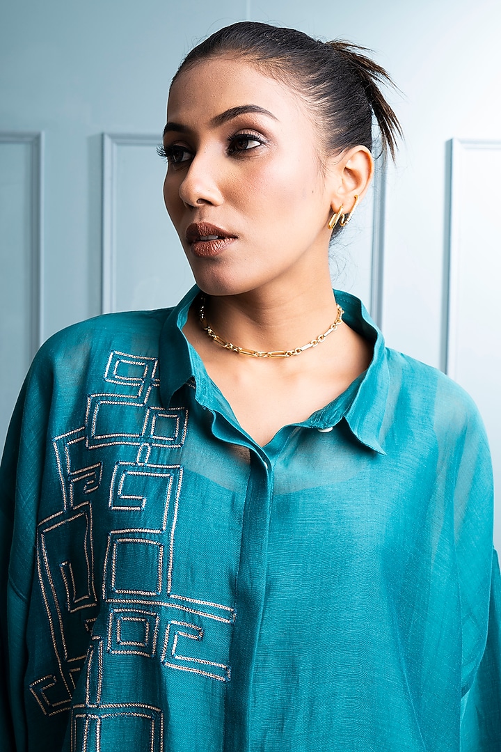 Teal Blue Soft Chanderi Embroidered Co-Ord Set by The White Tree Studio at Pernia's Pop Up Shop