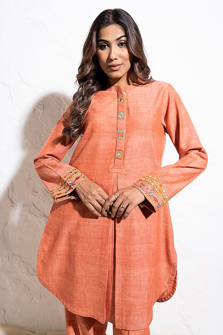 Carrot Red Handwoven Cotton Hand Embroidered Co-Ord Set by The White Tree Studio at Pernia's Pop Up Shop