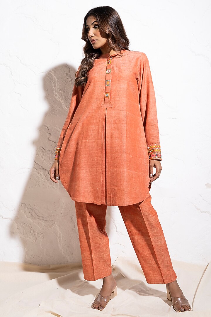 Carrot Red Handwoven Cotton Hand Embroidered Co-Ord Set by The White Tree Studio at Pernia's Pop Up Shop
