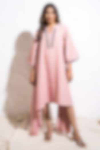 Baby Pink Soft Handwoven Cotton Fringe Embroidered Asymmetrical Dress by The White Tree Studio at Pernia's Pop Up Shop