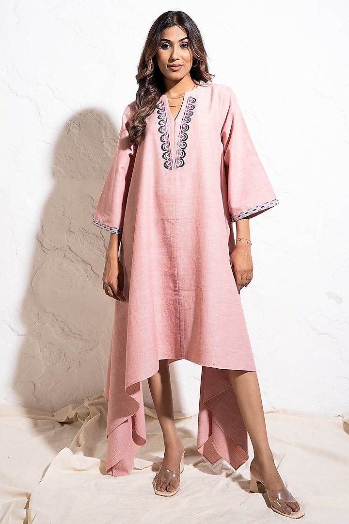 Baby Pink Soft Handwoven Cotton Fringe Embroidered Asymmetrical Dress by The White Tree Studio at Pernia's Pop Up Shop