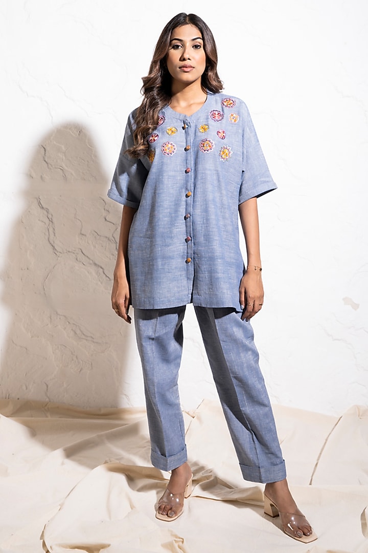 Blue Handwoven Cotton Hand Embroidered Co-Ord Set by The White Tree Studio at Pernia's Pop Up Shop