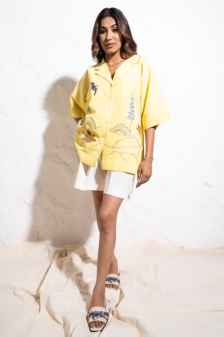 Lemon Yellow Handwoven Cotton Applique Threadwork Shirt by The White Tree Studio at Pernia's Pop Up Shop