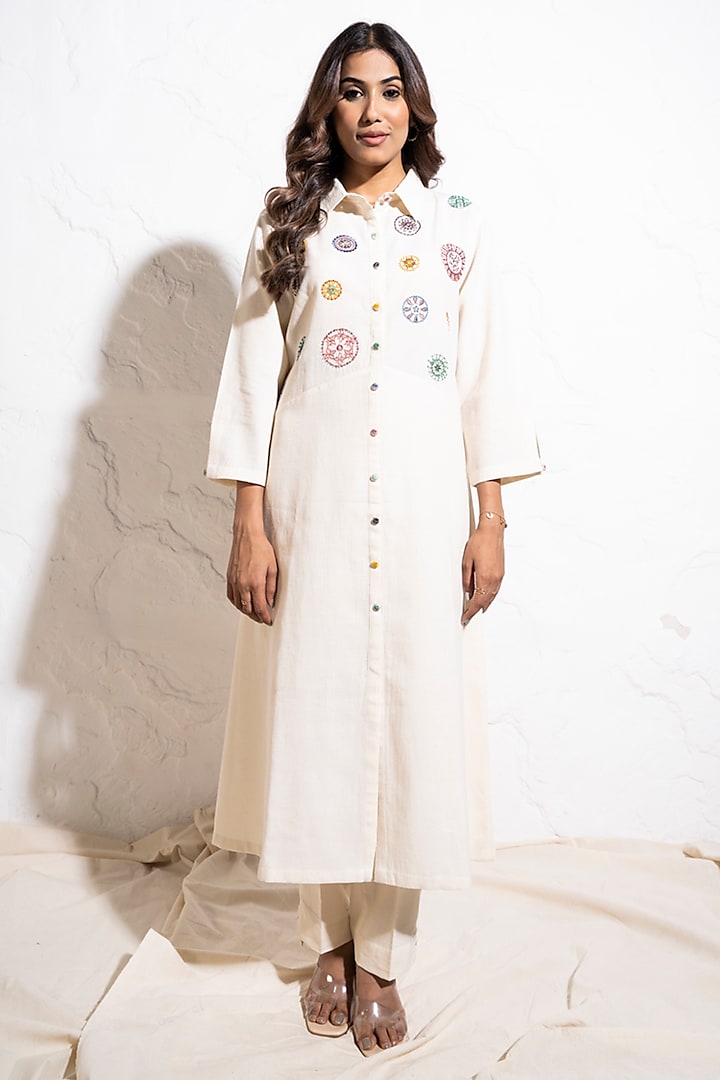 Off-White Handwoven Cotton Applique Threadwork Dress by The White Tree Studio at Pernia's Pop Up Shop