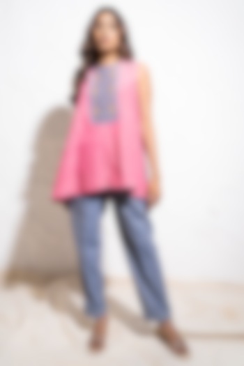 Berry Pink Handwoven Cotton Motif Embroidered Top by The White Tree Studio at Pernia's Pop Up Shop