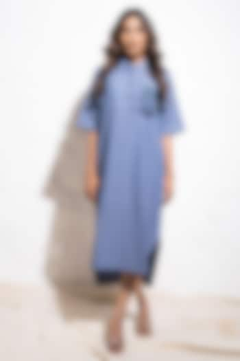 Denim Blue Handwoven Cotton Hand Embroidered Shirt Dress by The White Tree Studio at Pernia's Pop Up Shop