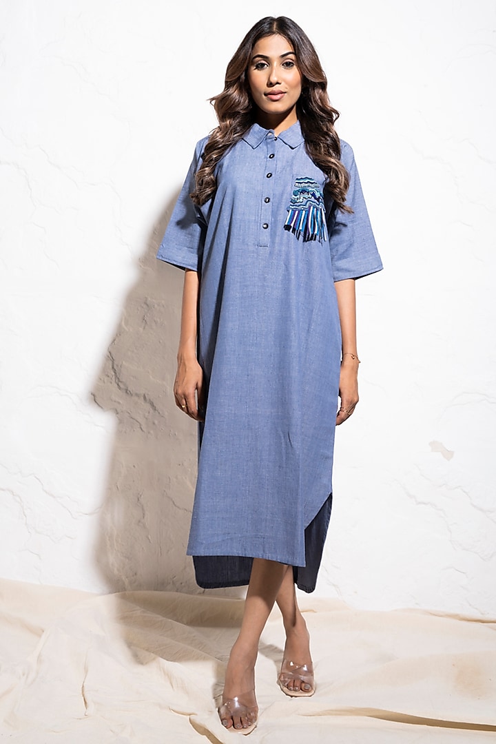 Denim Blue Handwoven Cotton Hand Embroidered Shirt Dress by The White Tree Studio at Pernia's Pop Up Shop