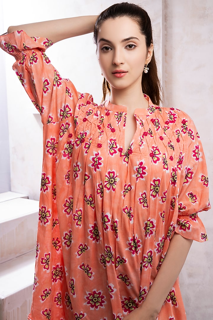 Blush Pink Organic Cotton Voile Hand Black Printed & Floral Embellished Midi Summer Dress by The White Tree Studio at Pernia's Pop Up Shop