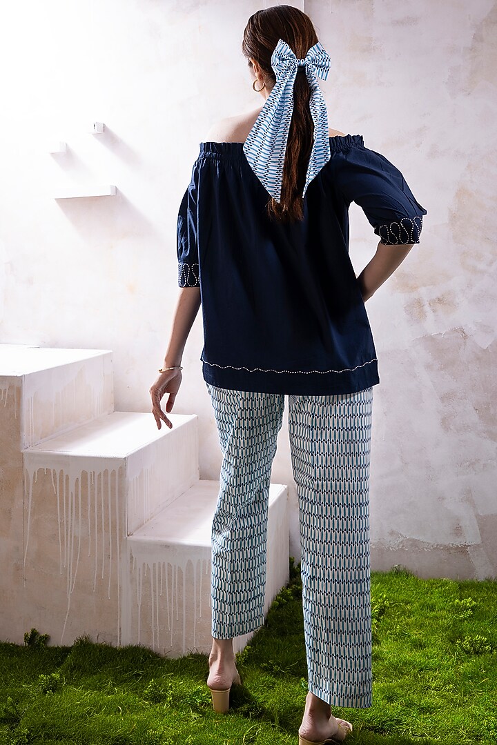 Navy Blue & Off-White Organic Cotton Twill Printed Co-Ord Set by The White Tree Studio at Pernia's Pop Up Shop