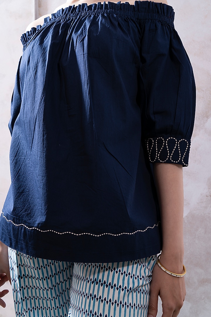 Navy Blue & Off-White Organic Cotton Twill Printed Co-Ord Set by The White Tree Studio at Pernia's Pop Up Shop