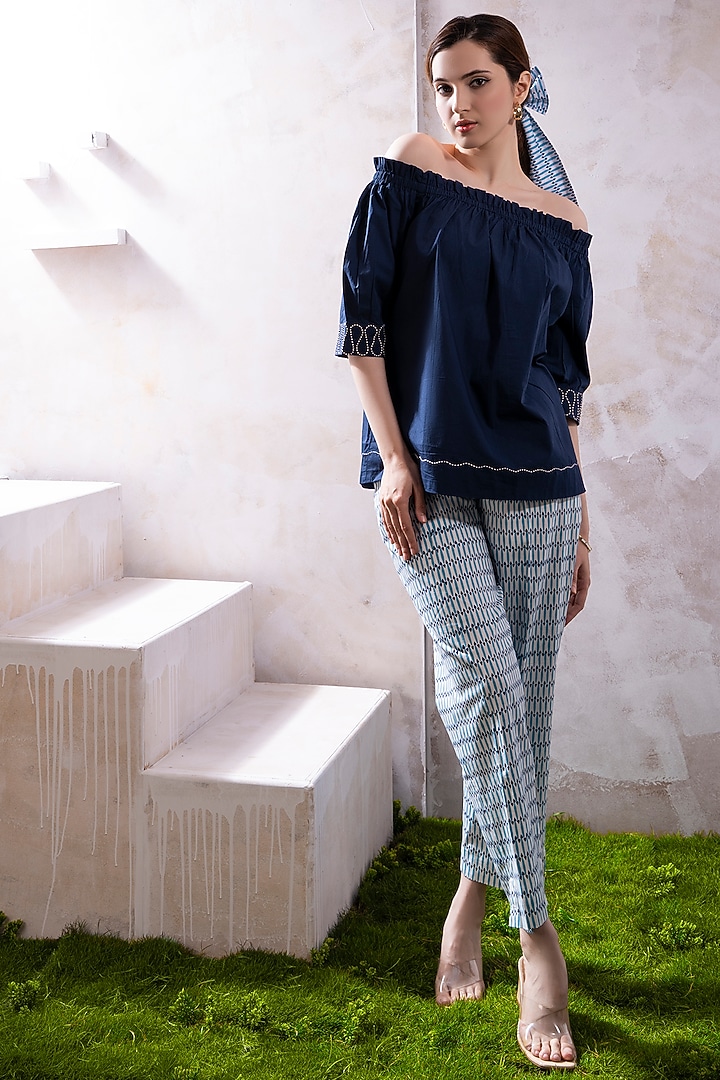 Navy Blue & Off-White Organic Cotton Twill Printed Co-Ord Set by The White Tree Studio at Pernia's Pop Up Shop
