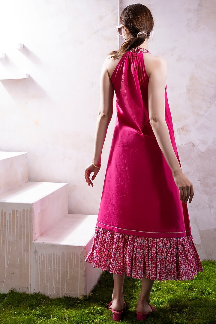 Magenta Pink Organic Cotton Poplin Motifs Embroidered & Printed Halter Summer Dress by The White Tree Studio at Pernia's Pop Up Shop