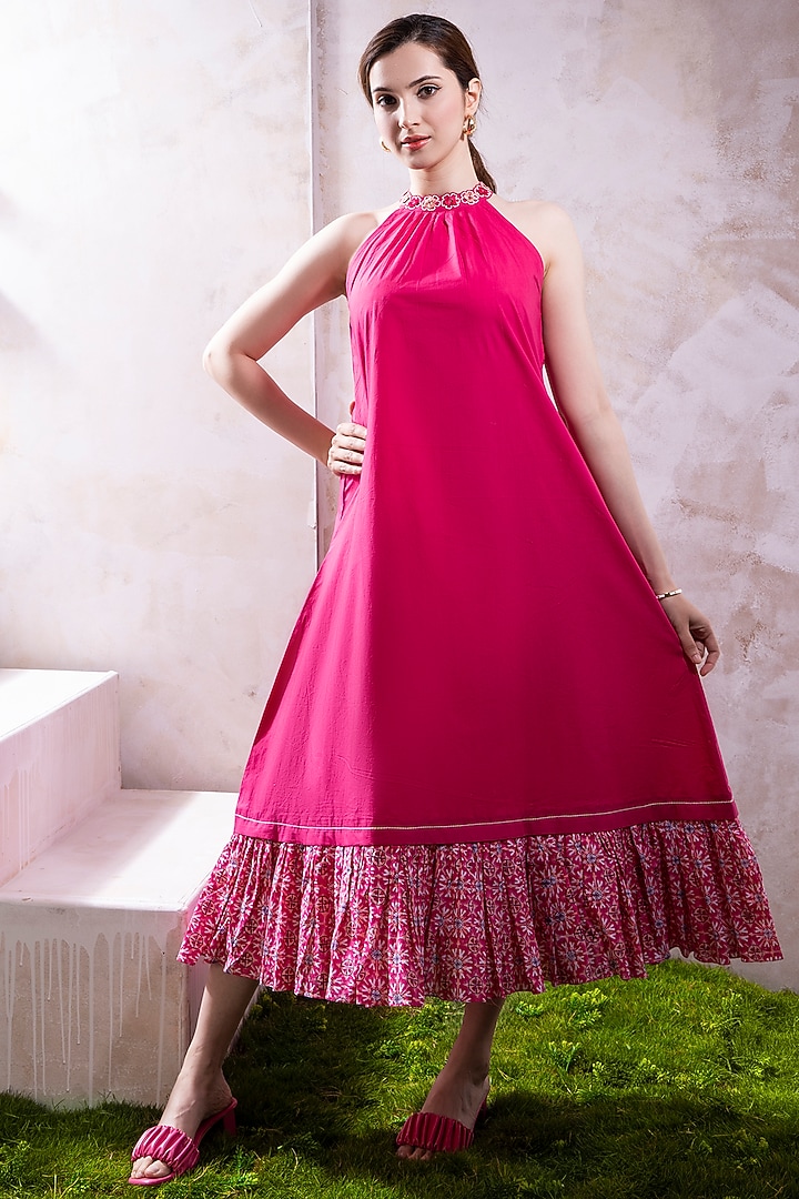 Magenta Pink Organic Cotton Poplin Motifs Embroidered & Printed Halter Summer Dress by The White Tree Studio at Pernia's Pop Up Shop