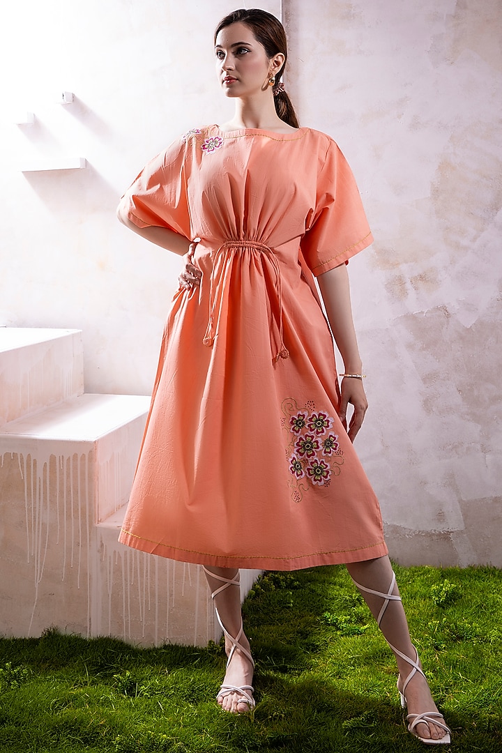 Blush Pink Organic Cotton Poplin Applique Work midi Dress by The White Tree Studio at Pernia's Pop Up Shop