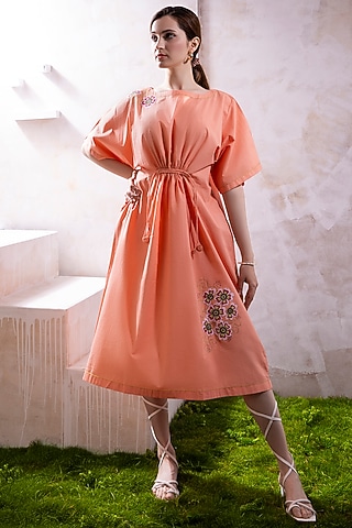 Blush Pink Organic Cotton Poplin Applique Work midi Dress by The White Tree Studio