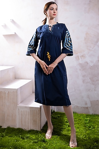 Blue Organic Cotton Poplin Floral Embroidered & Printed A-Line Dress by The White Tree Studio