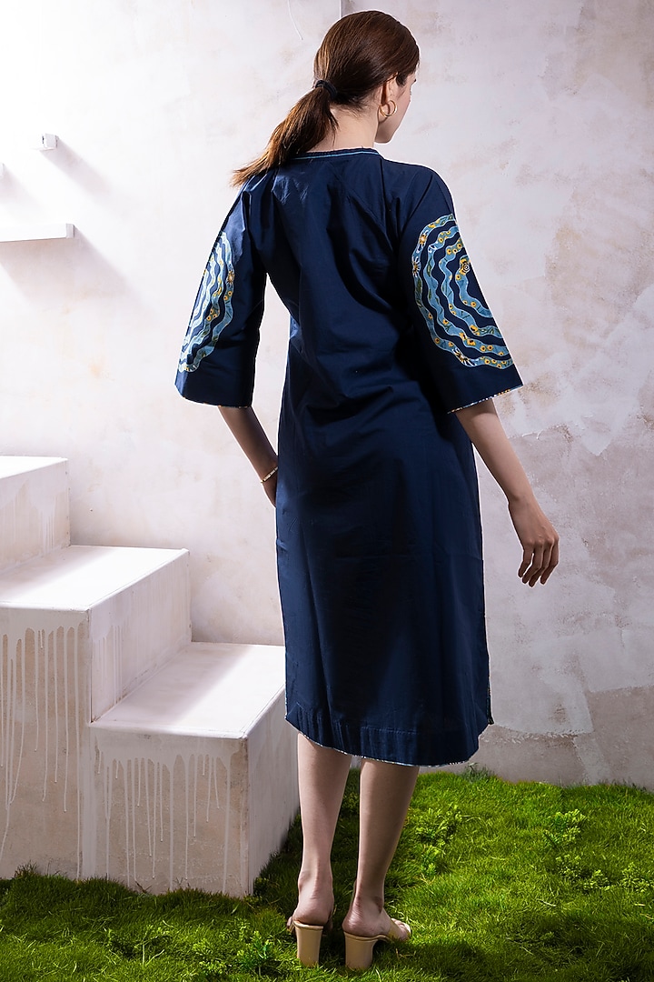 Blue Organic Cotton Poplin Floral Embroidered & Printed A-Line Summer Dress by The White Tree Studio at Pernia's Pop Up Shop