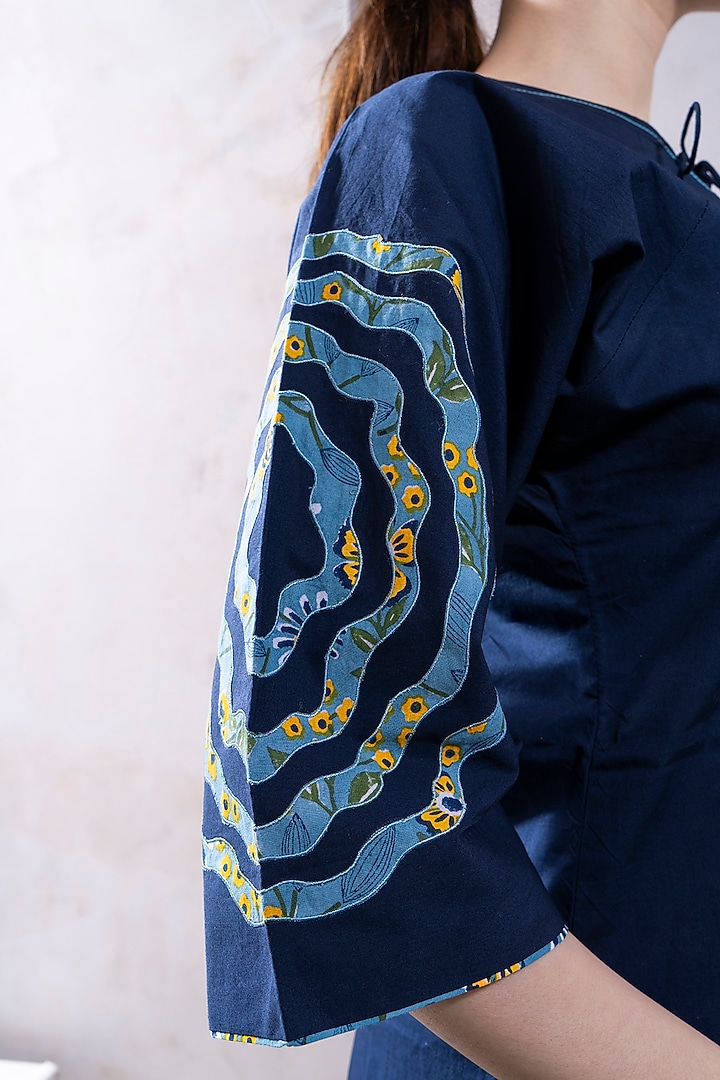 Blue Organic Cotton Poplin Floral Embroidered & Printed A-Line Summer Dress by The White Tree Studio at Pernia's Pop Up Shop