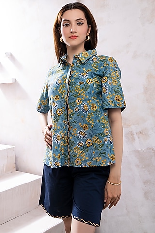Navy Blue Organic Cotton Poplin Scalloped Embroidered Co-Ord Set by The White Tree Studio