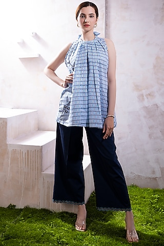 Navy Blue Organic Cotton Poplin Embroidered Co-Ord Set by The White Tree Studio