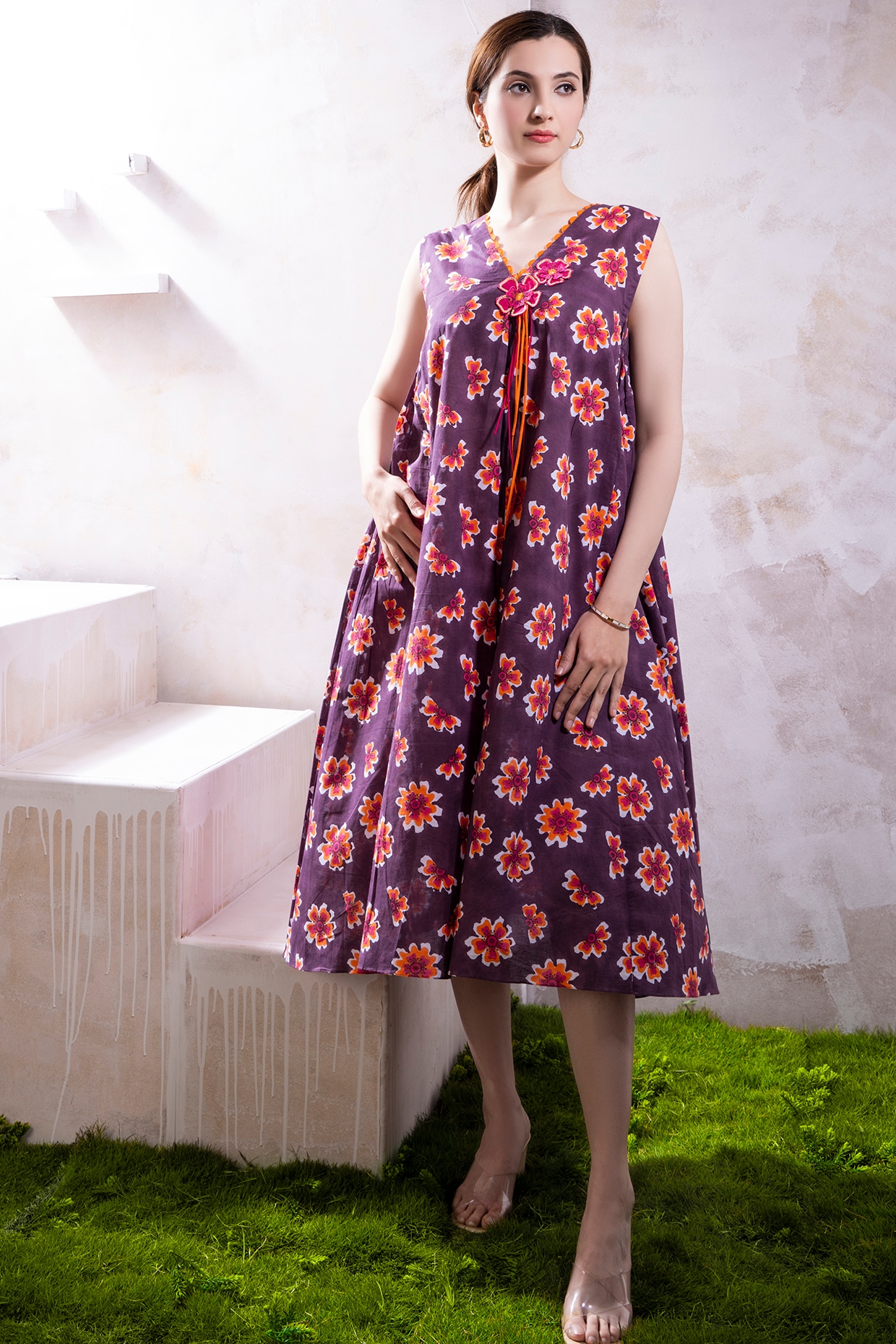 Purple Organic Cotton Voile Printed Floral Embroidered Midi Dress by The White Tree Studio at Pernia s Pop Up Shop