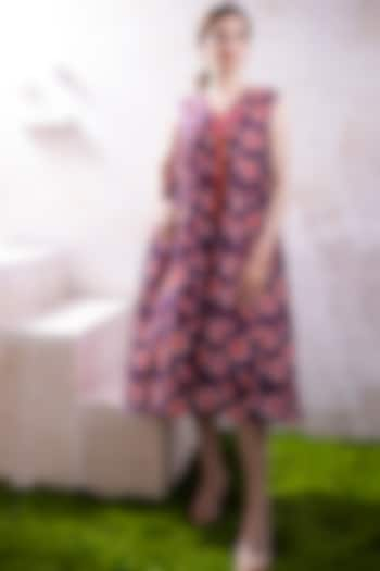 Purple Organic Cotton Voile Printed & Floral Embroidered Midi Dress by The White Tree Studio at Pernia's Pop Up Shop