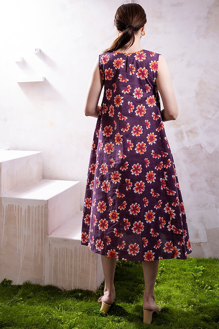 Purple Organic Cotton Voile Printed & Floral Embroidered Midi Summer Dress by The White Tree Studio at Pernia's Pop Up Shop