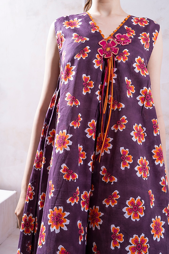 Purple Organic Cotton Voile Printed & Floral Embroidered Midi Summer Dress by The White Tree Studio at Pernia's Pop Up Shop