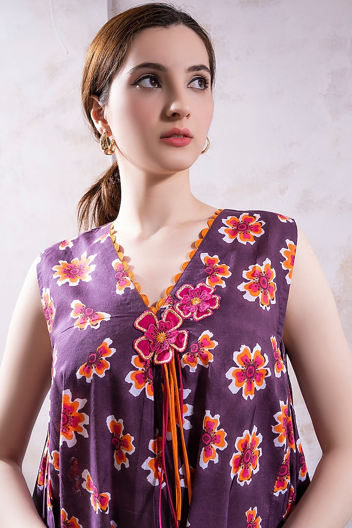 Purple Organic Cotton Voile Printed & Floral Embroidered Midi Summer Dress by The White Tree Studio at Pernia's Pop Up Shop