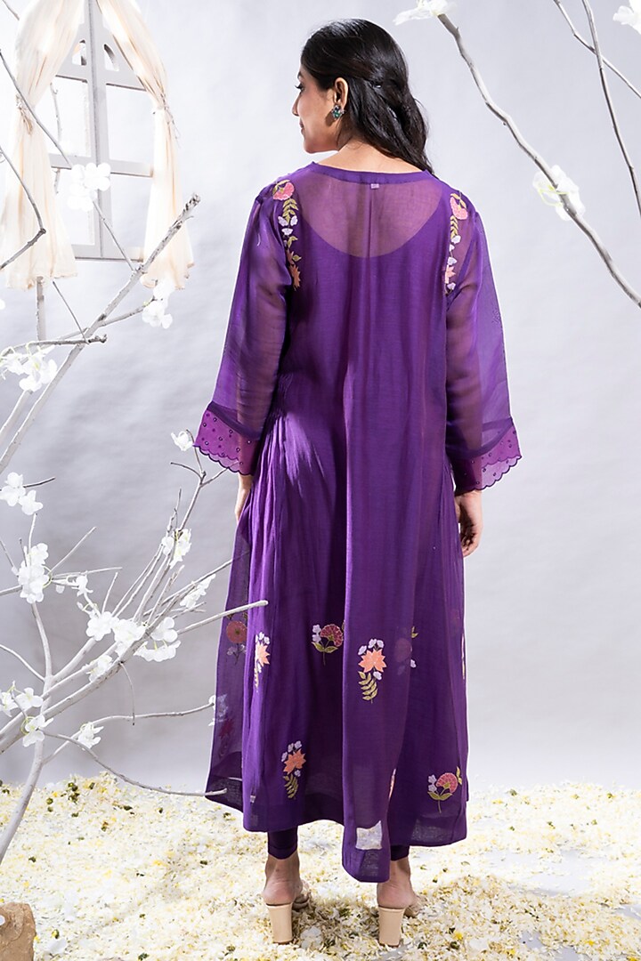 Purple Chanderi Applique Embroidered Kurta Set by The White Tree Studio at Pernia's Pop Up Shop