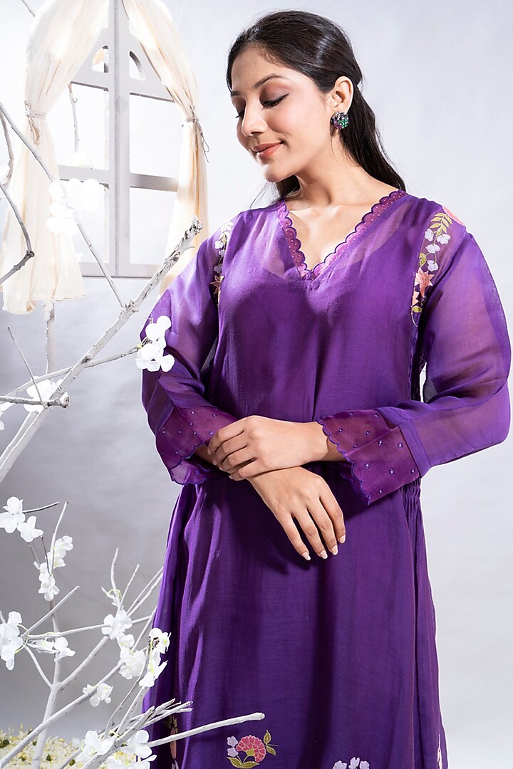 Purple Chanderi Applique Embroidered Kurta Set by The White Tree Studio at Pernia's Pop Up Shop