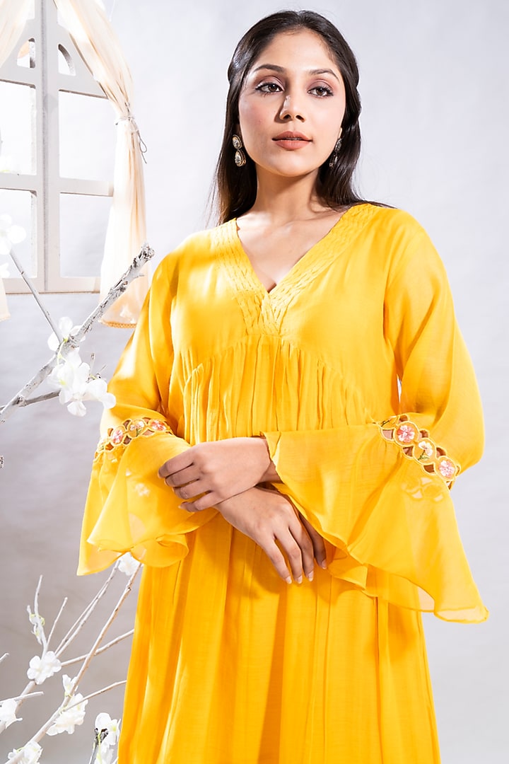 Mango Yellow Chanderi Cutwork Embroidered Gathered Kurta Set by The White Tree Studio at Pernia's Pop Up Shop