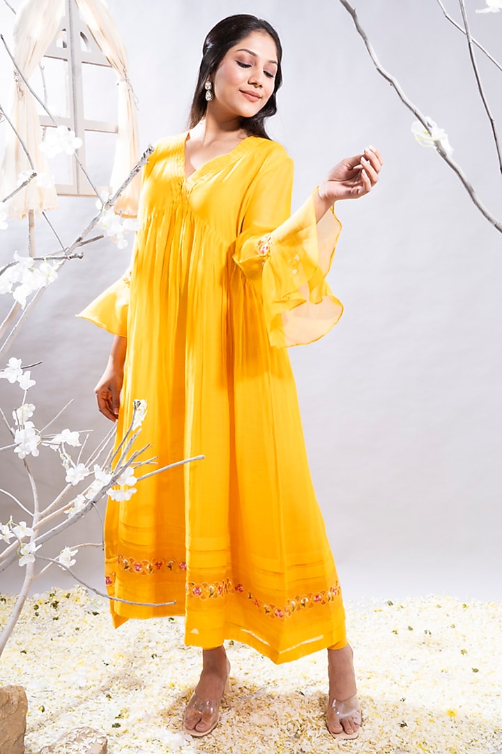 Mango Yellow Chanderi Cutwork Embroidered Gathered Kurta Set by The White Tree Studio at Pernia's Pop Up Shop