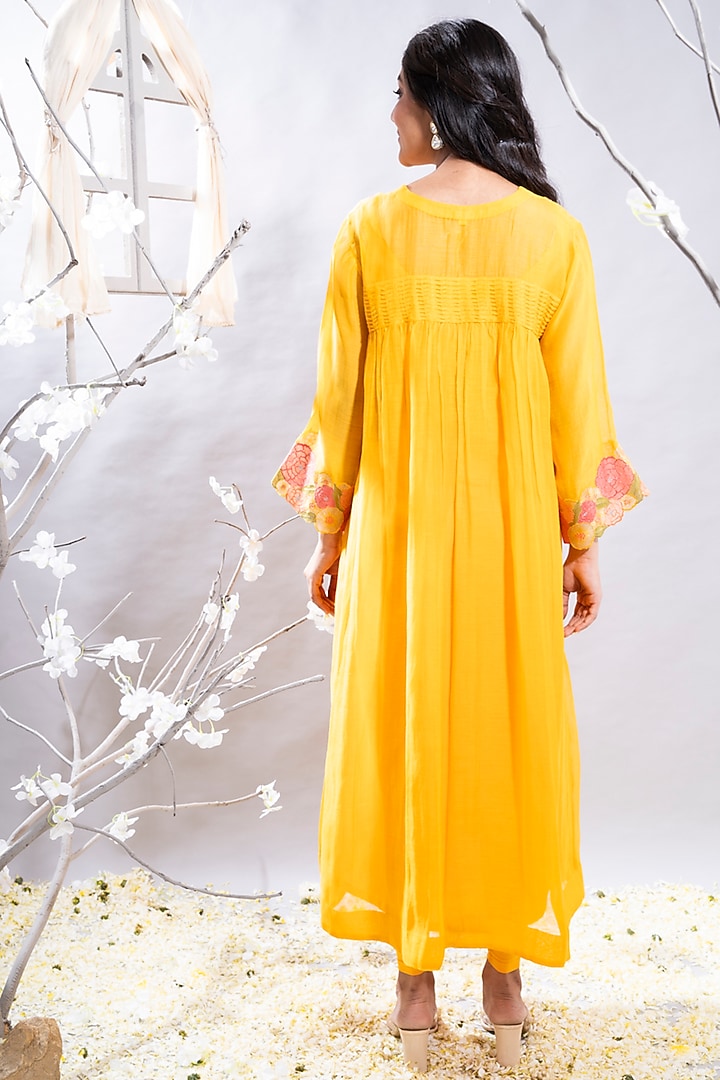 Mango Yellow Chanderi Patchwork Embroidered Gathered Kurta Set by The White Tree Studio at Pernia's Pop Up Shop