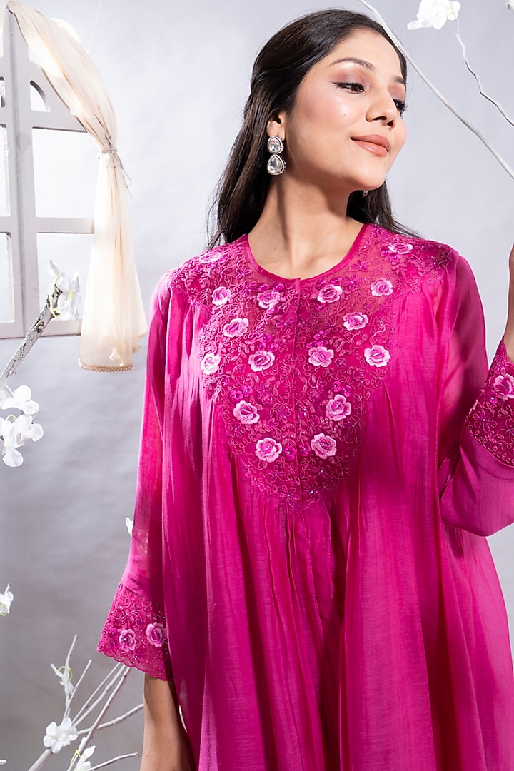 Fuchsia Pink Chanderi Badla Embellished Gathered Kurta Set by The White Tree Studio at Pernia's Pop Up Shop