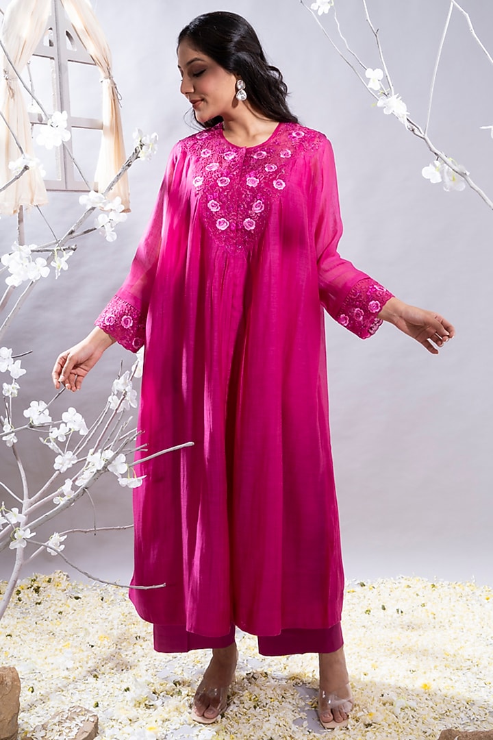 Fuchsia Pink Chanderi Badla Embellished Gathered Kurta Set by The White Tree Studio at Pernia's Pop Up Shop
