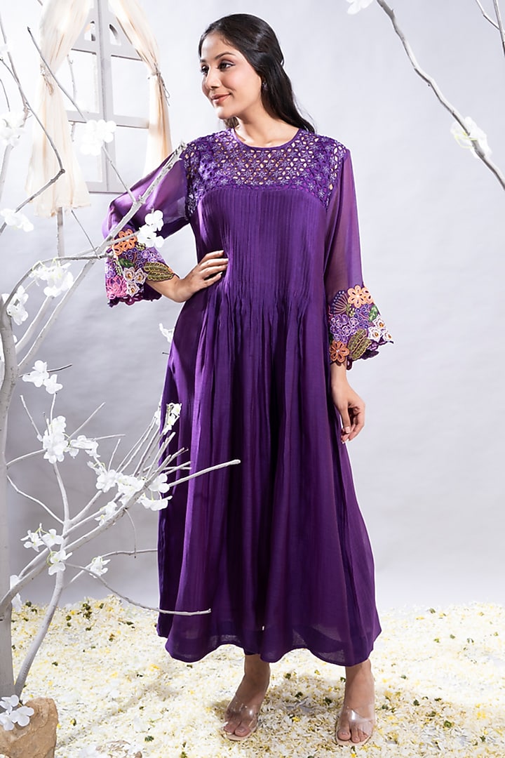 Purple Chanderi Cutwork Embroidered Kurta Set by The White Tree Studio at Pernia's Pop Up Shop