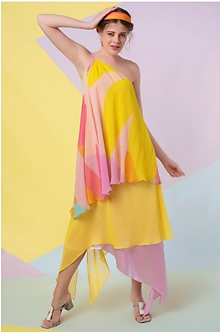 Lavender Abstract Leaf One-Shoulder Gown by Wendell Rodricks