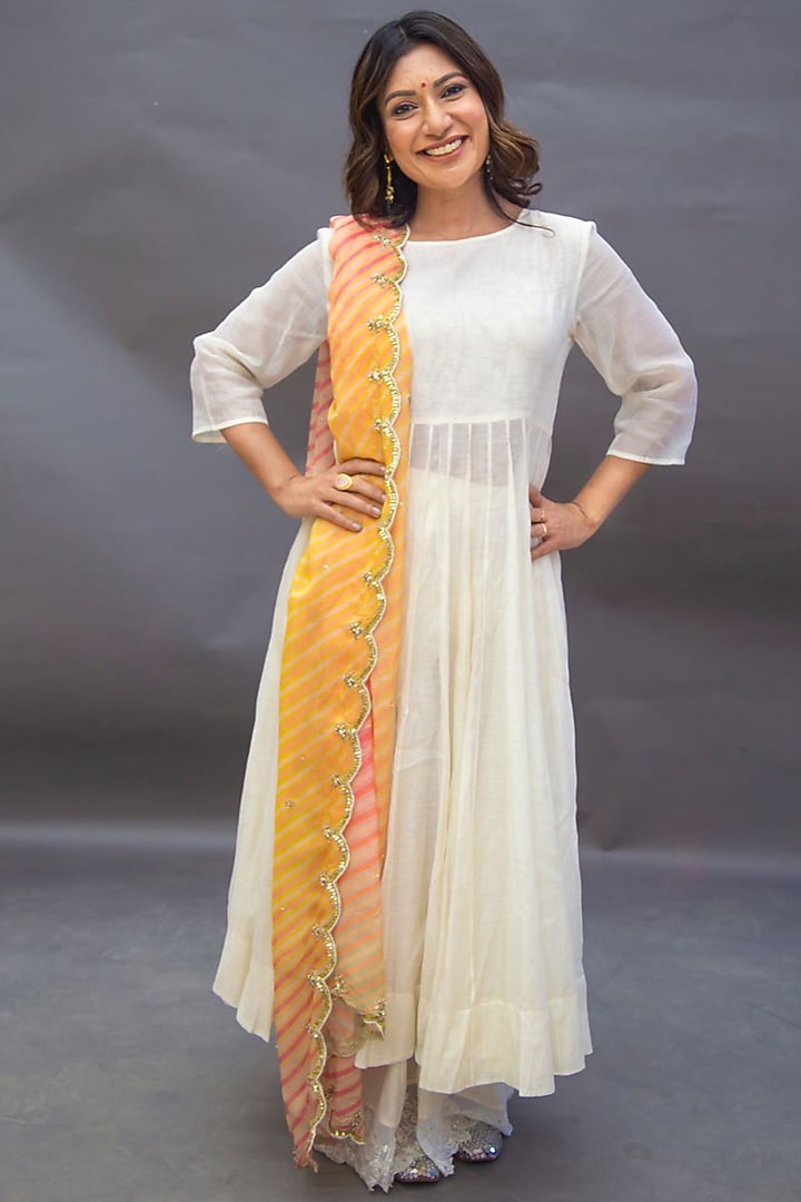 Off-White Malai Chanderi Kalidar Party Wear Anarkali Set by Paulmi & Harsh at Pernia's Pop Up Shop