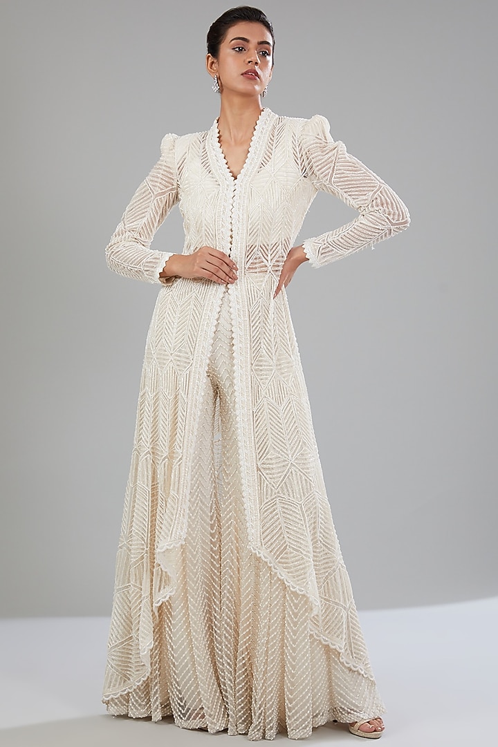 Ivory Net & Georgette Beaded Bridal Anarkali Set by Ritika Mirchandani at Pernia's Pop Up Shop